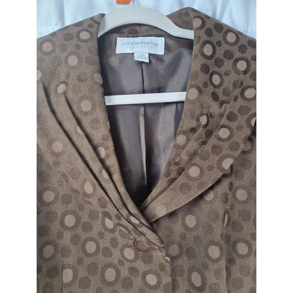Liz Claiborne Suit Petite Blazer 14P Brown Polka Dot Jacket 3/4 Sleeve Button Fr